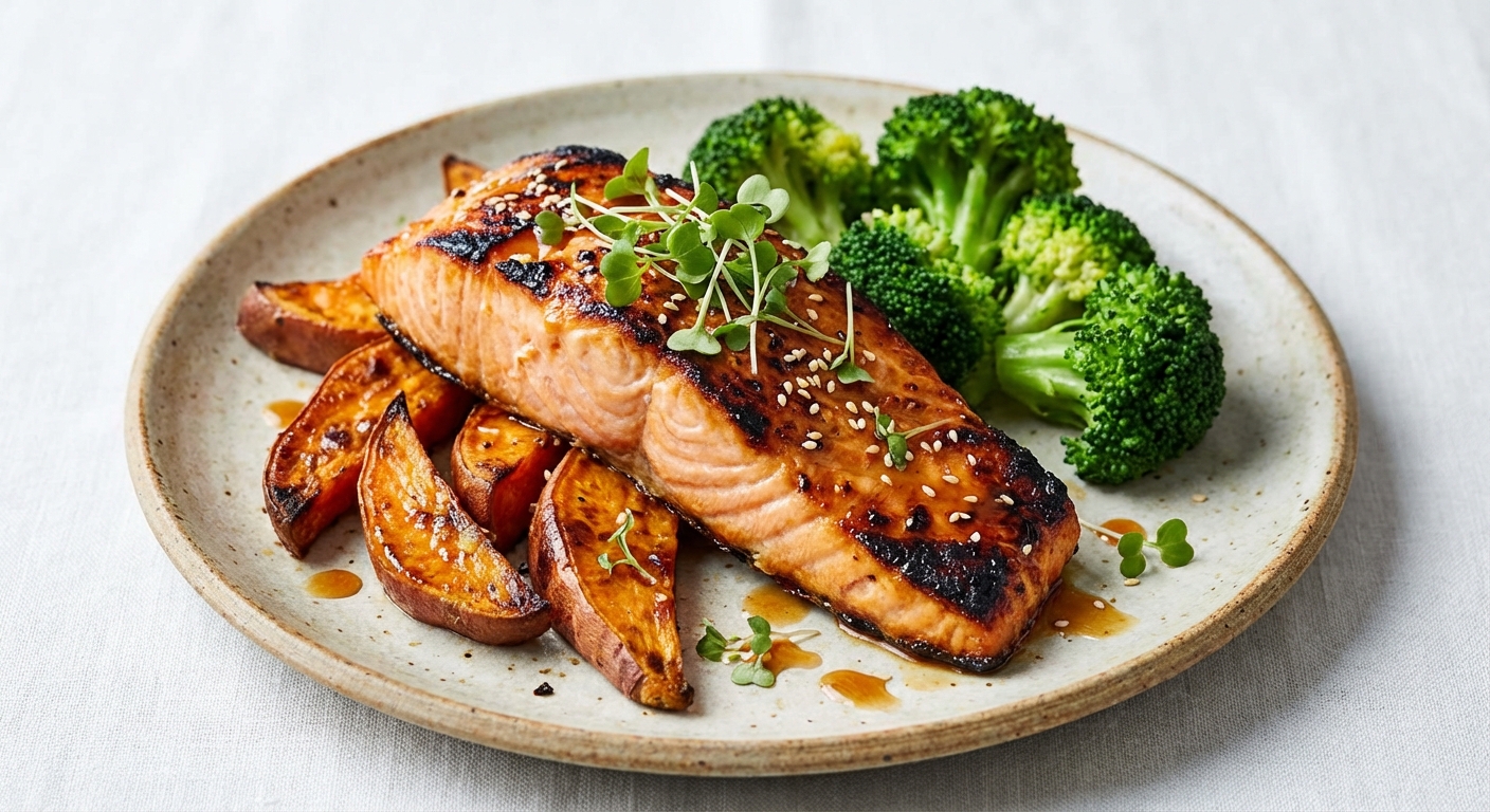 Baked Salmon with Roasted Sweet Potato & Steamed Broccoli