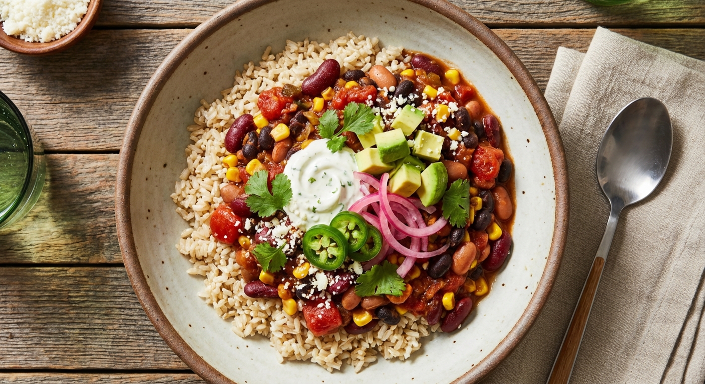 Three-Bean Vegetarian Chili with Brown Rice