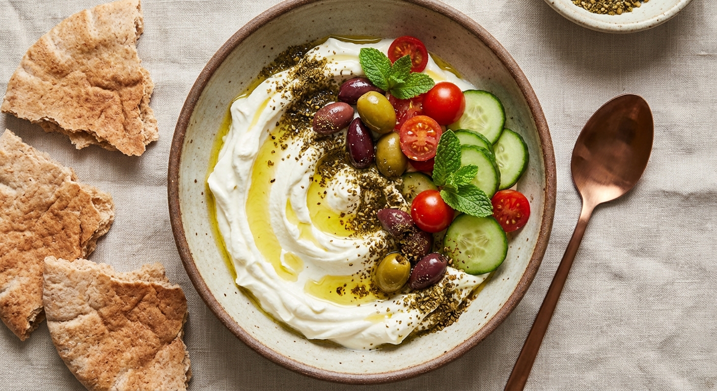 Labneh Bowl with Za'atar, Olives & Whole-Wheat Pita