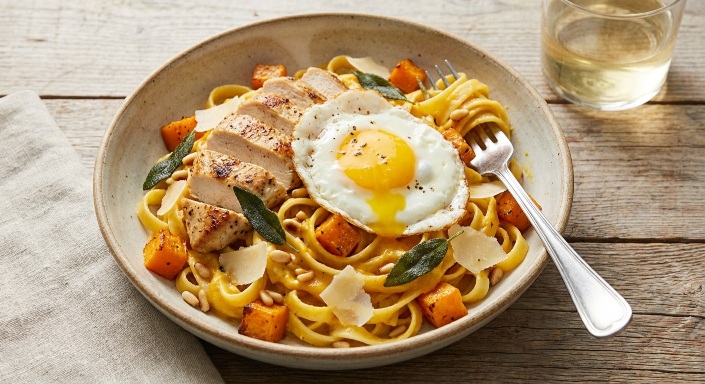 Roasted Butternut Squash Fettuccine with Seared Chicken and Runny Egg