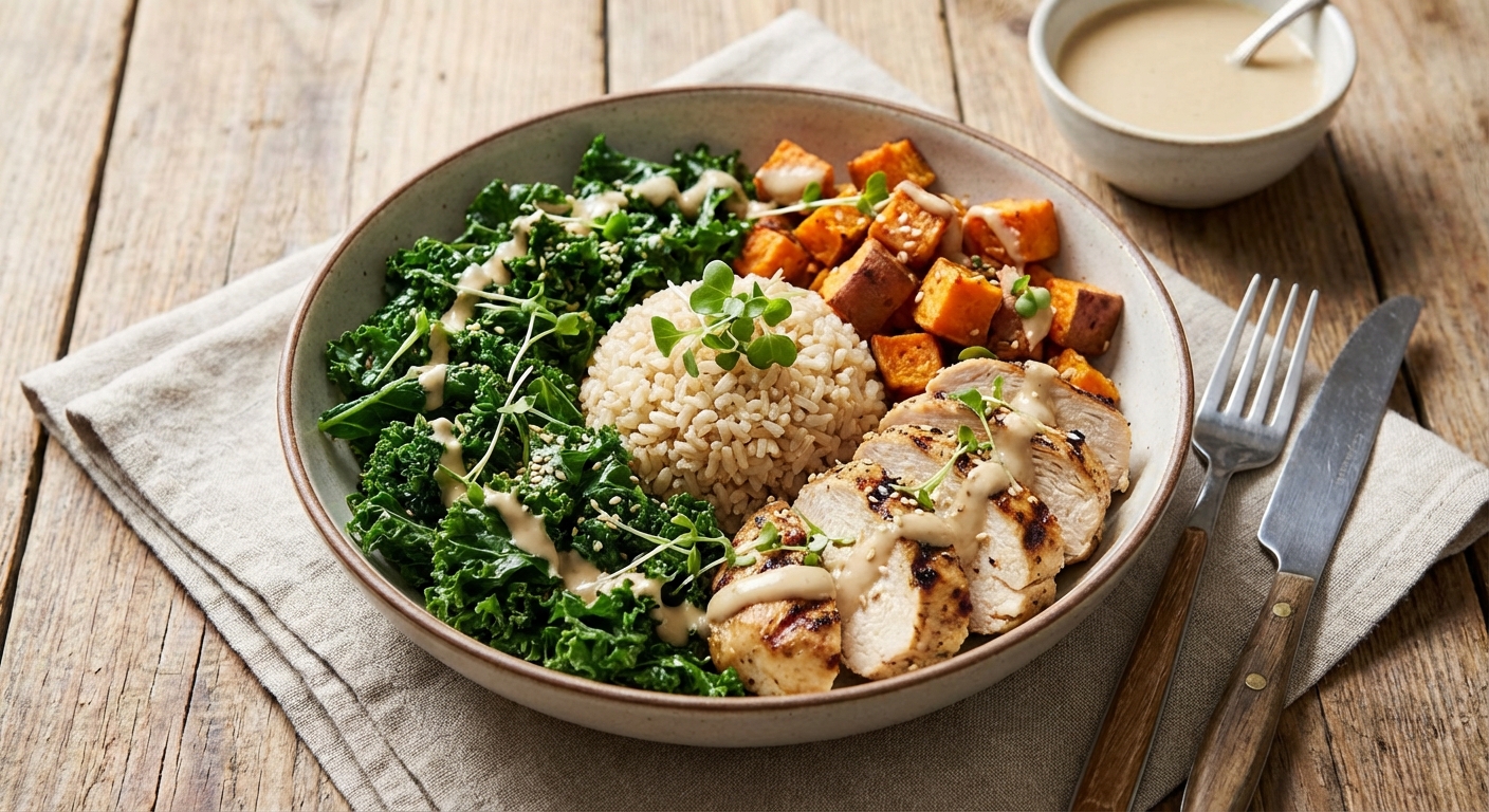 Chicken Buddha Bowl — Grilled Chicken, Brown Rice, Roasted Sweet Potato & Kale