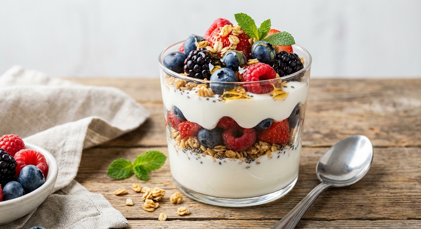 Greek Yogurt Berry Parfait with Granola & Chia