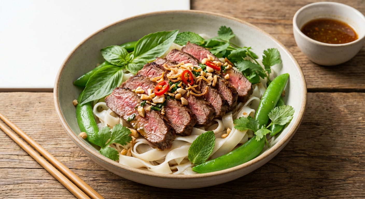 Vietnamese‑Style Lime & Basil Seared Flank Beef with Wide Rice Noodles and Sugar Snap Peas