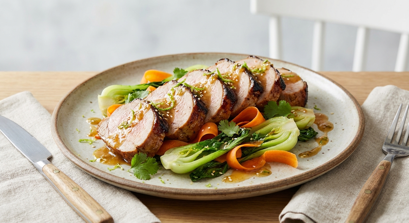 Ginger‑Lime Pork Tenderloin with Sautéed Baby Bok Choy & Carrot Ribbons