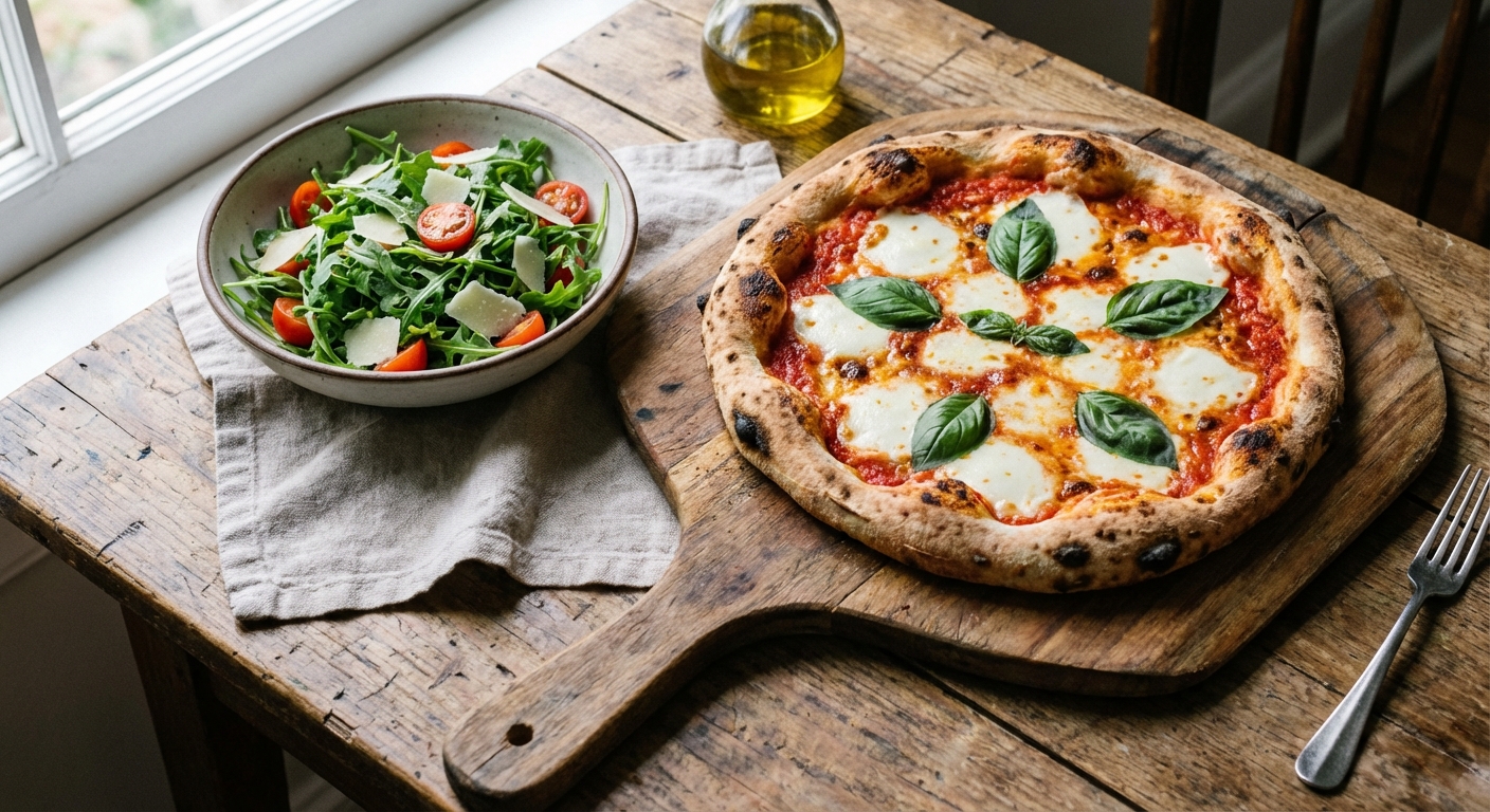 Homemade Margherita Pizza with Arugula Side Salad