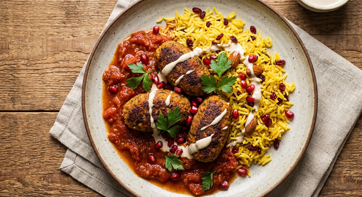 Baked Spiced Lentil-Bulgur Koftas with Tomato Sauce & Saffron Rice