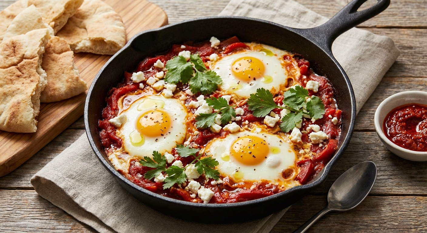 Shakshuka with Harissa, Roasted Red Pepper & Feta (with Warm Pita)