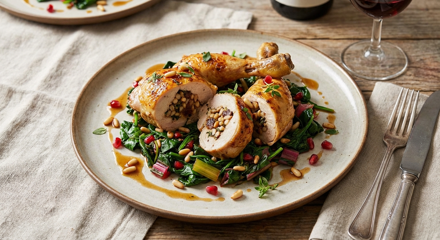 Stuffed Roasted Chicken Legs with Pine Nuts & Dates, Sautéed Greens