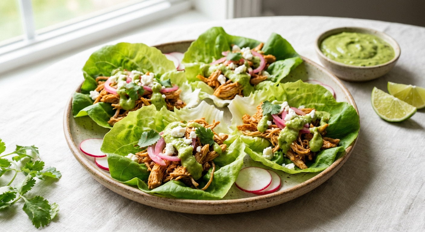 Mexican Shredded Chicken Lettuce Wraps with Creamy Avocado Salsa