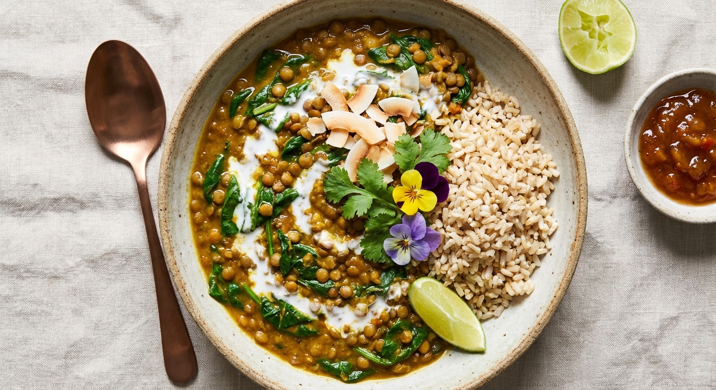 Lentil & Spinach Coconut Curry with Toasted Brown Rice
