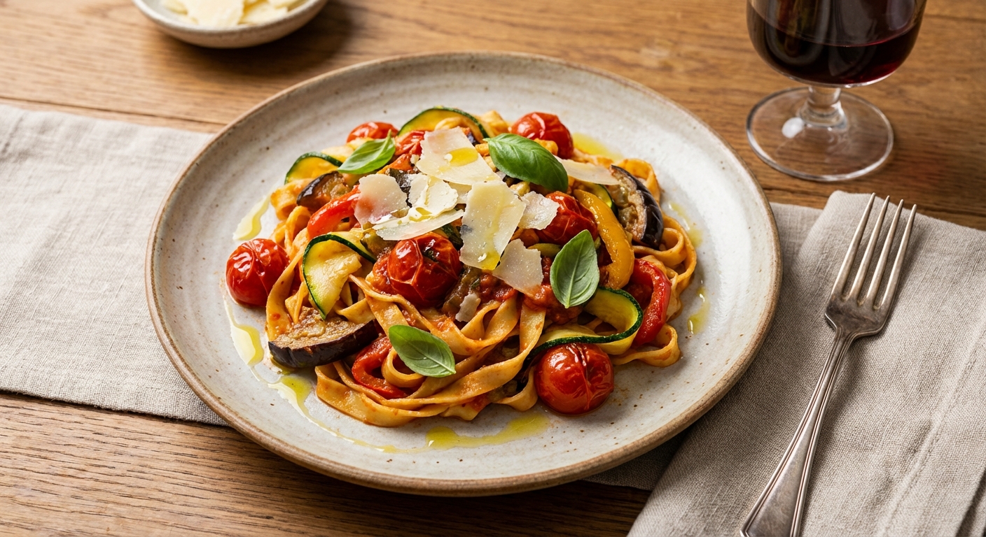 Vegetable Pasta with Tomato-Basil Sauce and Parmesan