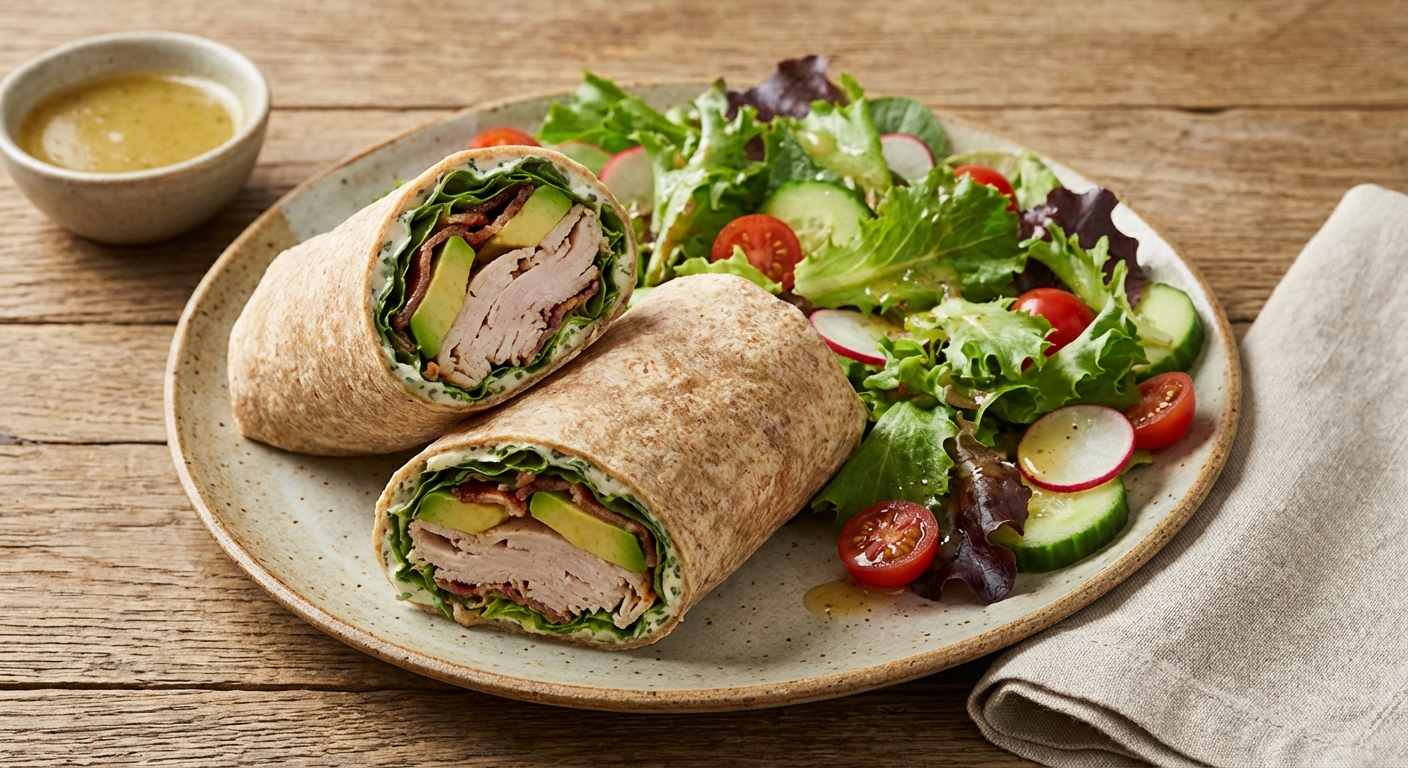 Turkey & Avocado Whole-Wheat Wrap with Mixed Green Salad