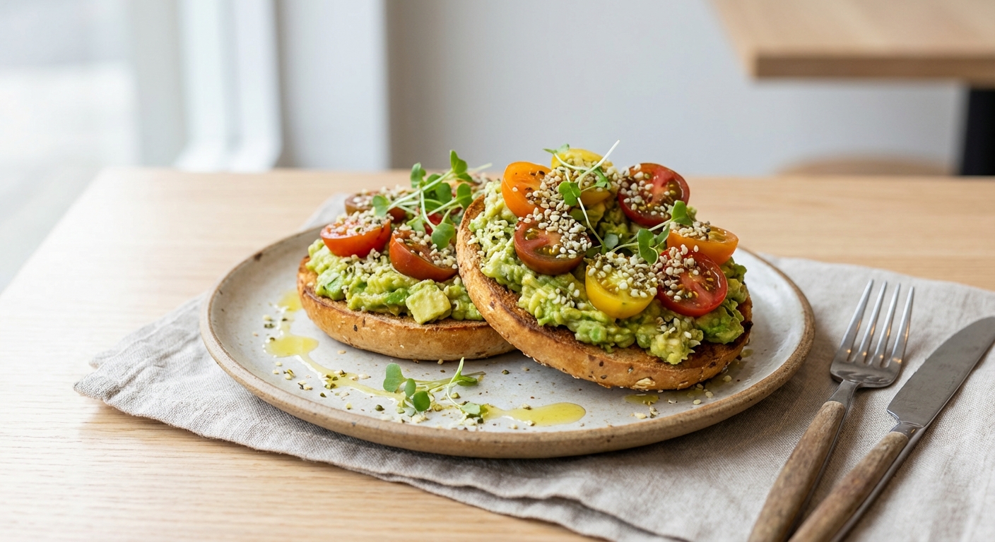 Multigrain Bagel Toast with Smashed Avocado, Tomato & Hemp Seeds