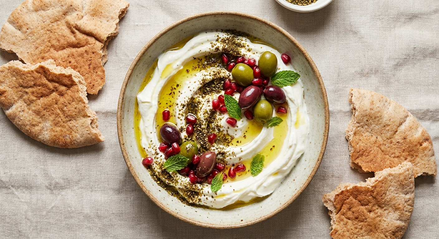 Labneh Bowl with Za'atar, Olives & Whole-wheat Pita