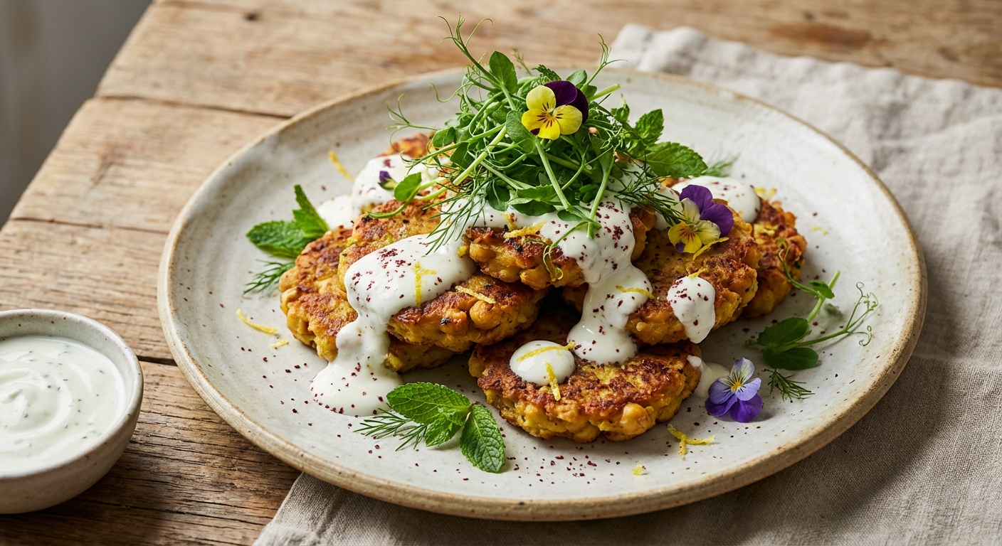 Crispy Chickpea & New-Potato Fritters with Lemon‑Mint Yogurt & Pea Shoots