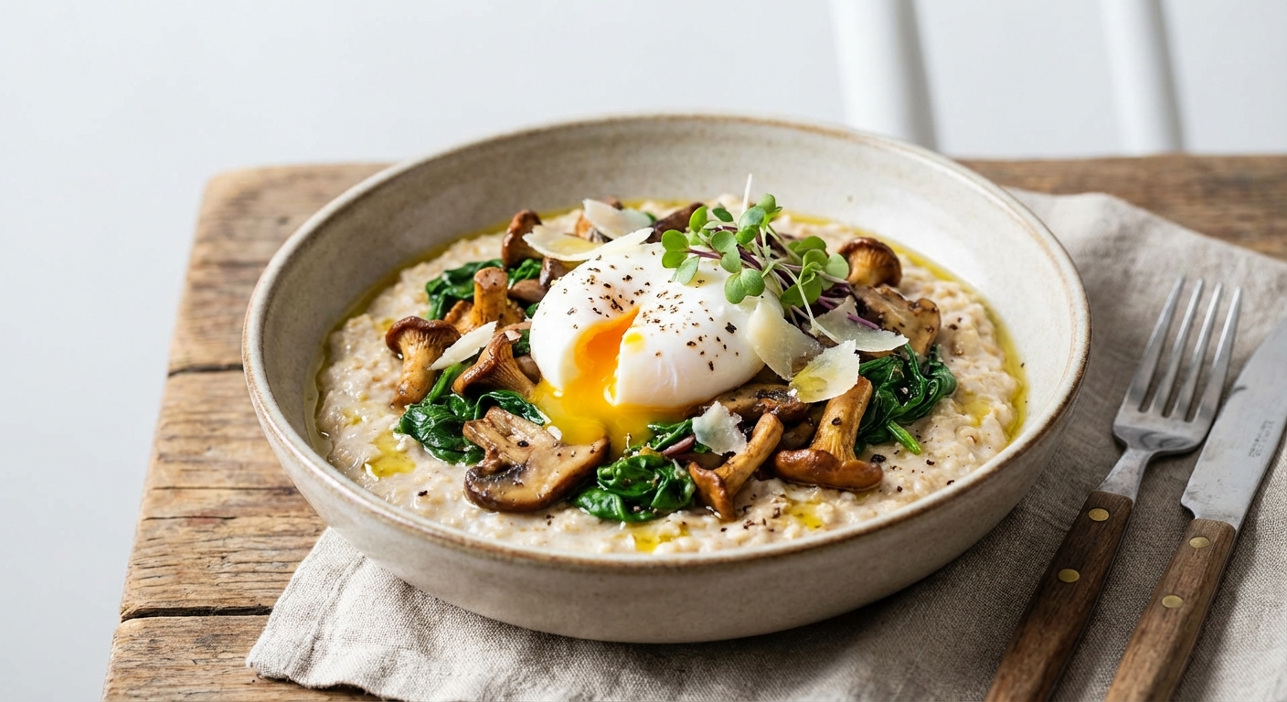 Savory Oatmeal with Poached Egg, Spinach & Mushrooms
