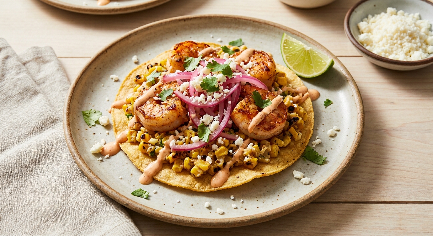 Elote-Style Shrimp Tostada with Pickled Red Onion and Cotija