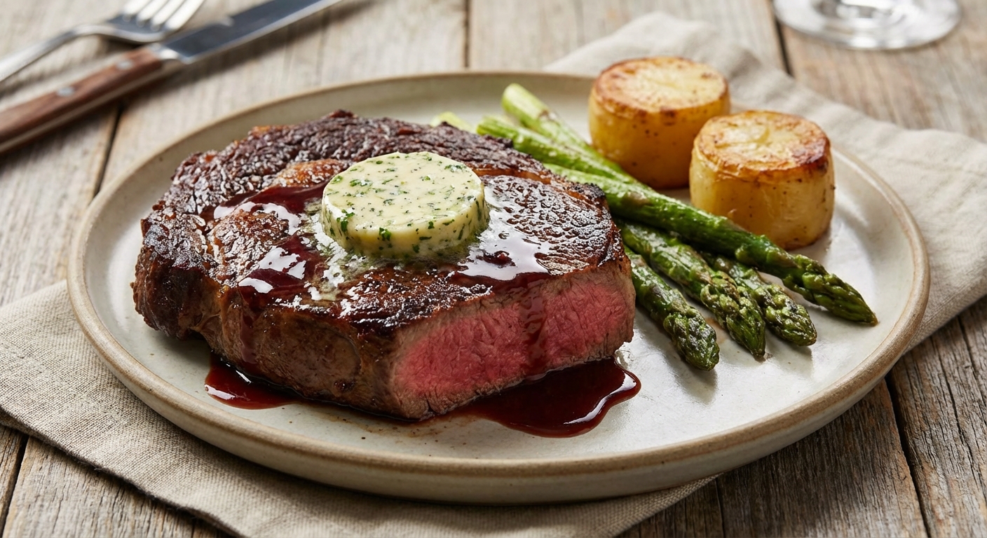 Pan-Seared Ribeye with Red Wine–Shallot Reduction and Herb Garlic Butter