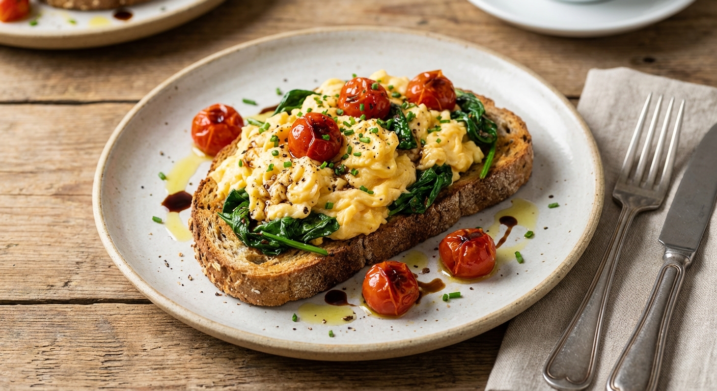 Scrambled Eggs with Spinach & Tomato on Whole-Grain Toast