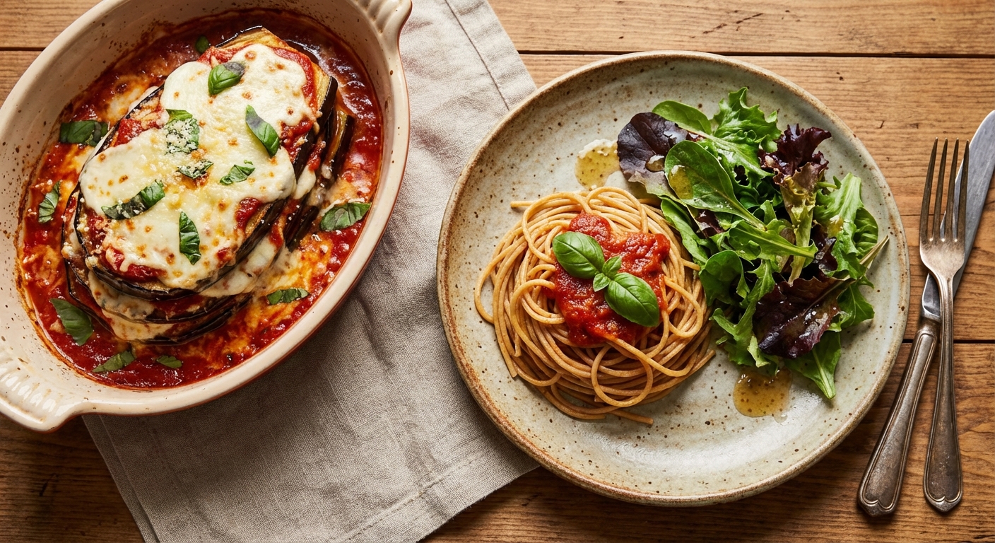 Baked Eggplant Parmesan with Whole-Wheat Spaghetti and Mixed Greens