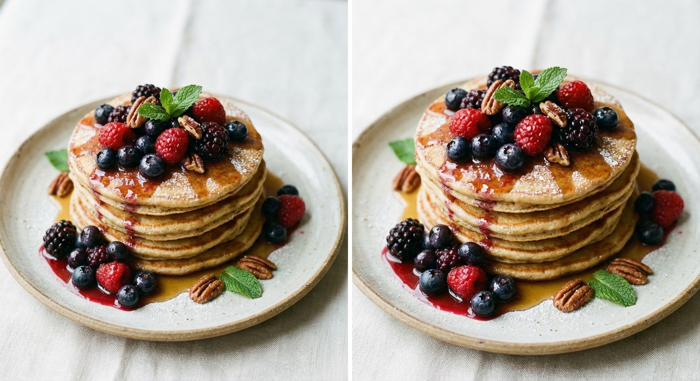 Banana-Oat Pancakes (Egg-Free) with Warm Berry Compote & Maple Syrup