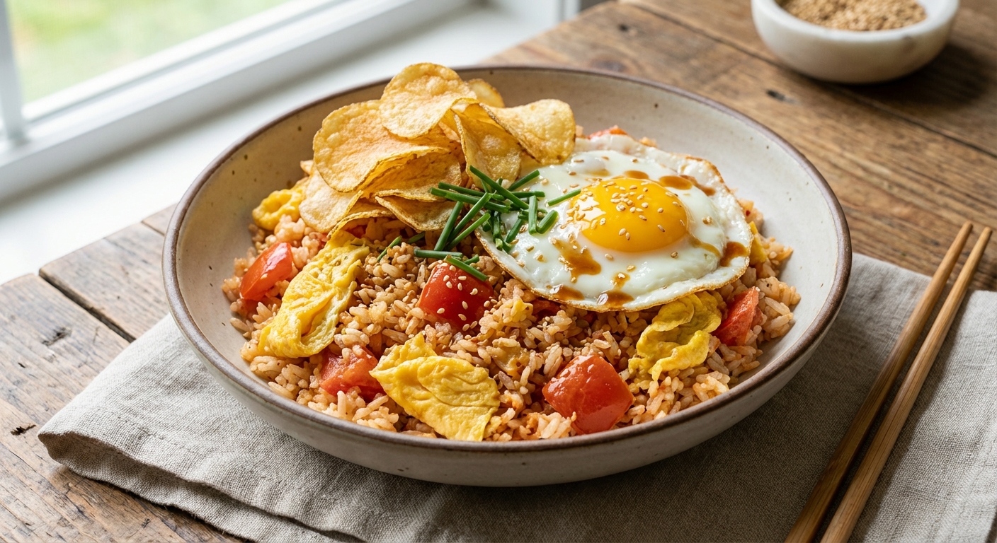 Tomato Egg Fried Rice with Potato Crisps