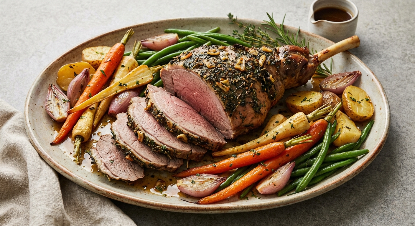 Herb-Roasted Leg of Lamb with Garlic Roasted Roots & Green Beans