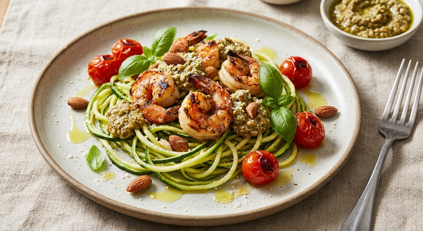 Grilled Shrimp & Zucchini Noodles with Almond Pesto