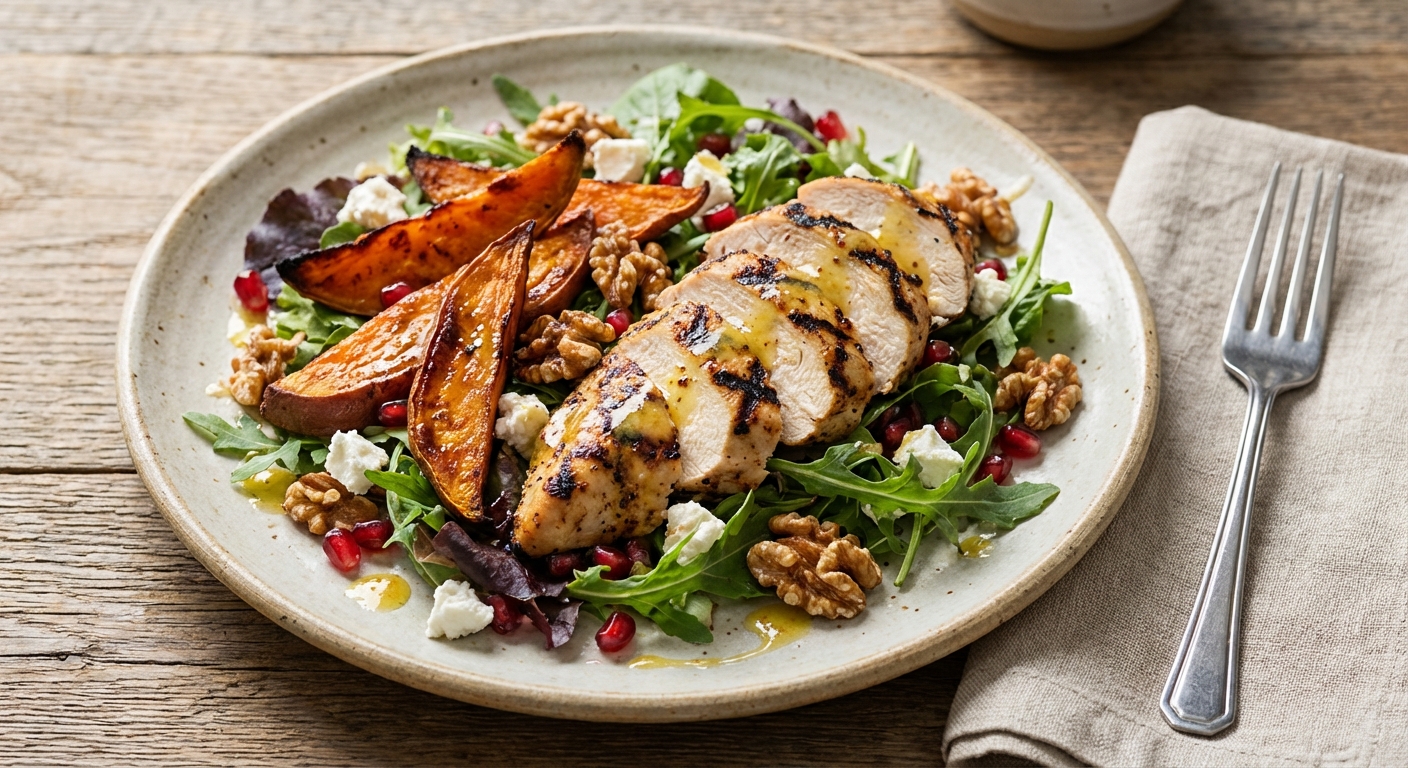 Grilled Chicken Salad with Roasted Sweet Potatoes & Toasted Walnuts