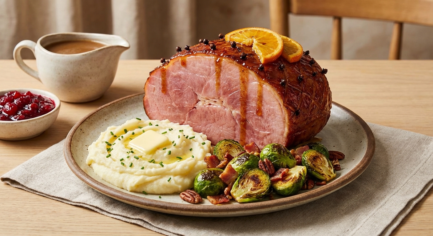Honey-Glazed Ham, Mashed Potatoes & Roasted Brussels Sprouts