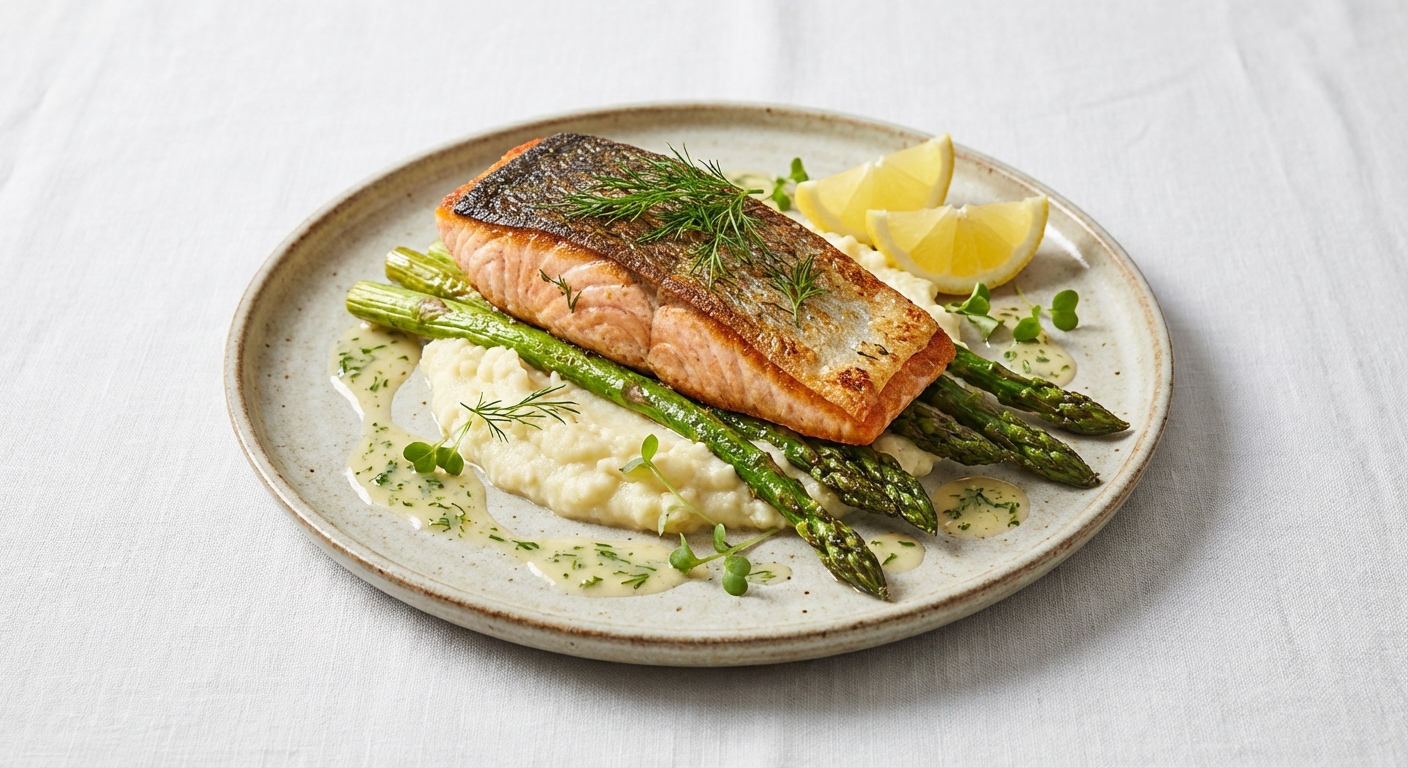 Pan-Seared Salmon with Roasted Asparagus & Cauliflower Mash