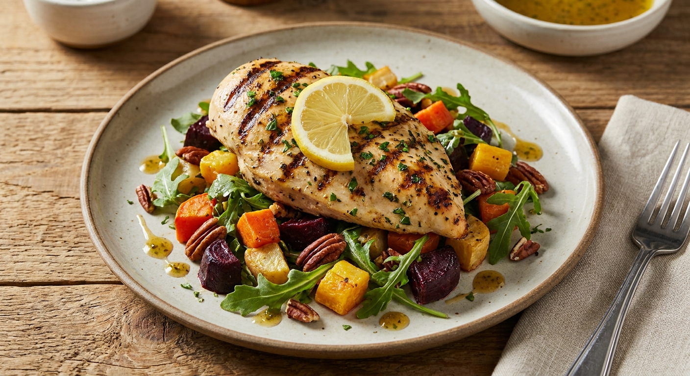 Grilled Lemon-Herb Chicken Breast over Roasted Autumn Root Vegetable Salad