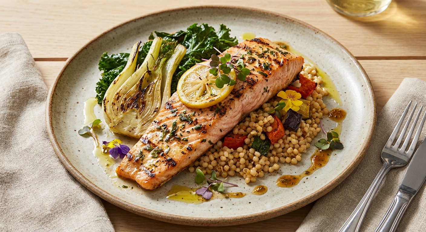 Grilled Lemon‑Herb Steelhead Trout with Toasted Israeli (Pearl) Couscous, Charred Fennel & Wilted Kale