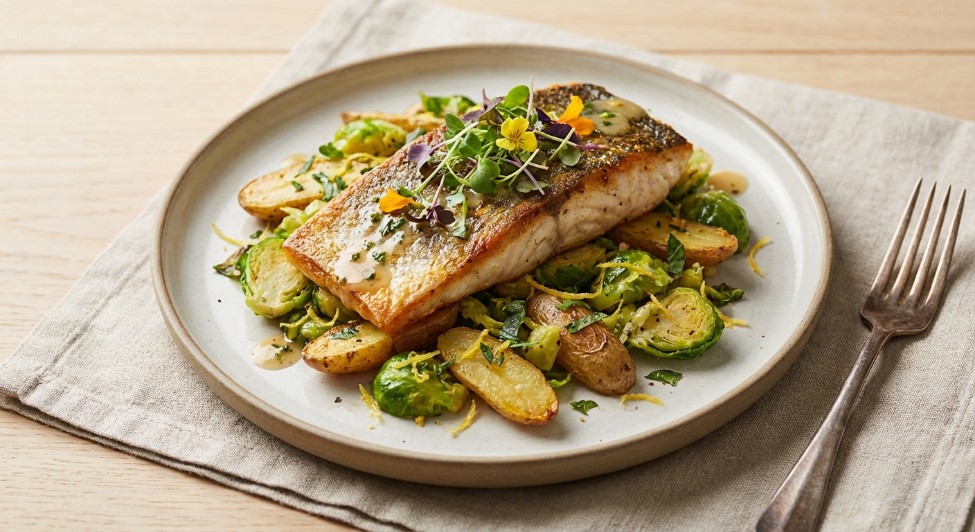 Pan-Seared Lemon-Herb Sea Bass with Quick Smashed Brussels Sprout & Fingerling Potato Salad