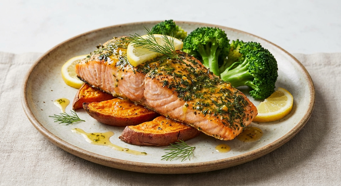 Baked Salmon with Roasted Sweet Potatoes & Steamed Broccoli