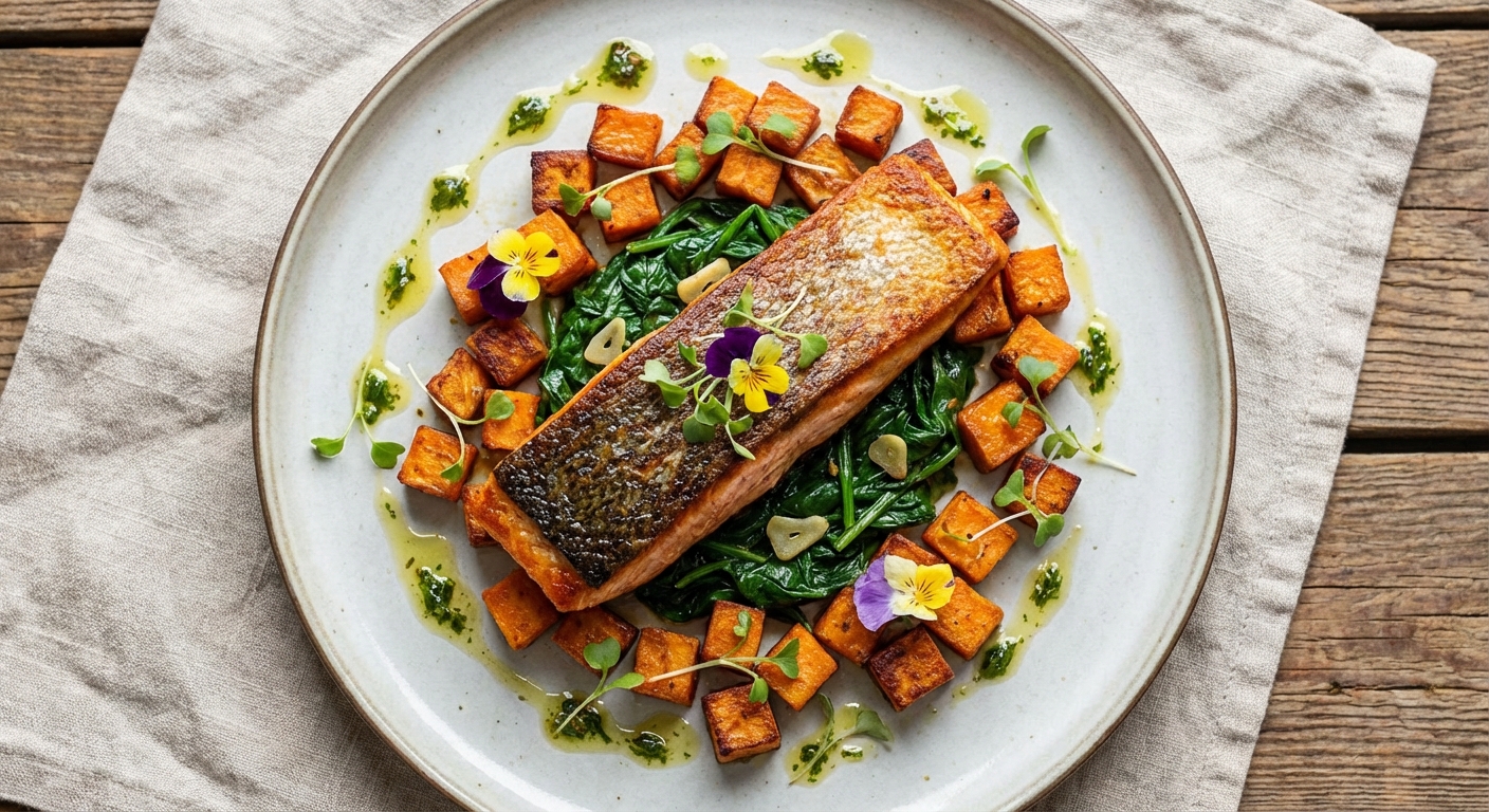 Pan-Seared Salmon with Roasted Sweet Potato and Sautéed Spinach