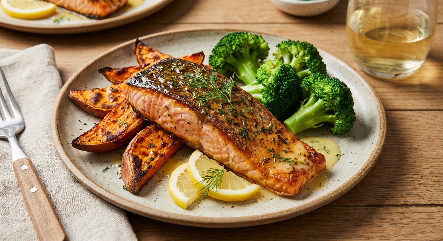 Baked Salmon with Roasted Sweet Potato and Steamed Broccoli