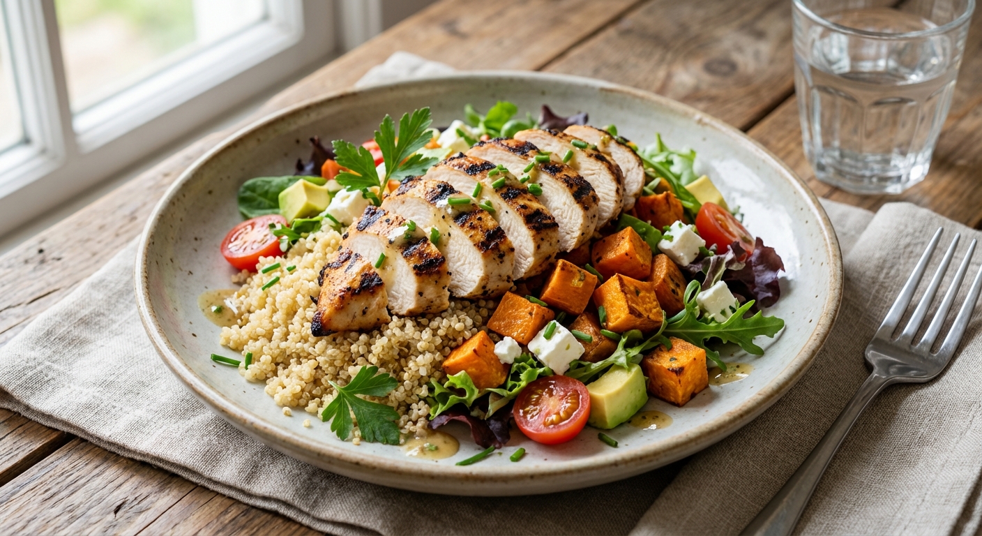 Grilled Chicken & Quinoa Salad with Roasted Sweet Potato