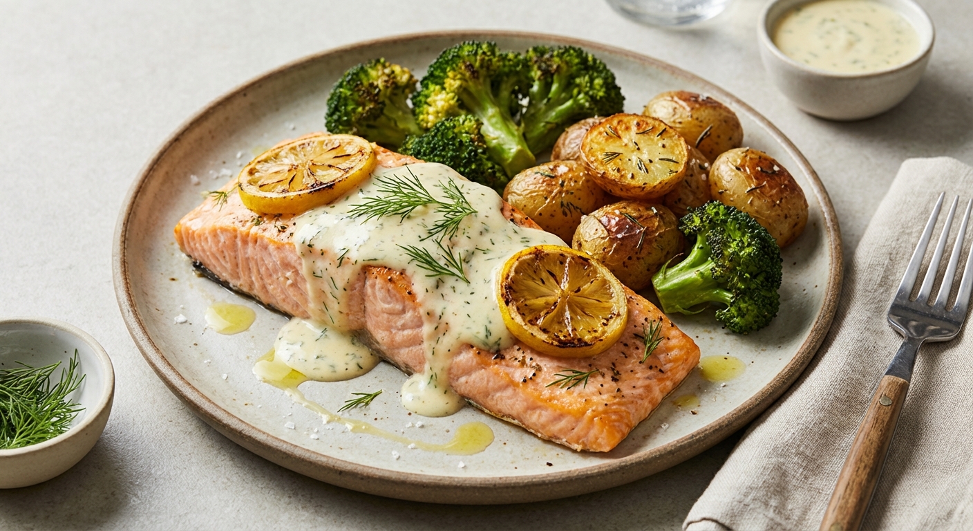 Baked Lemon-Dill Salmon with Roasted Baby Potatoes & Broccoli