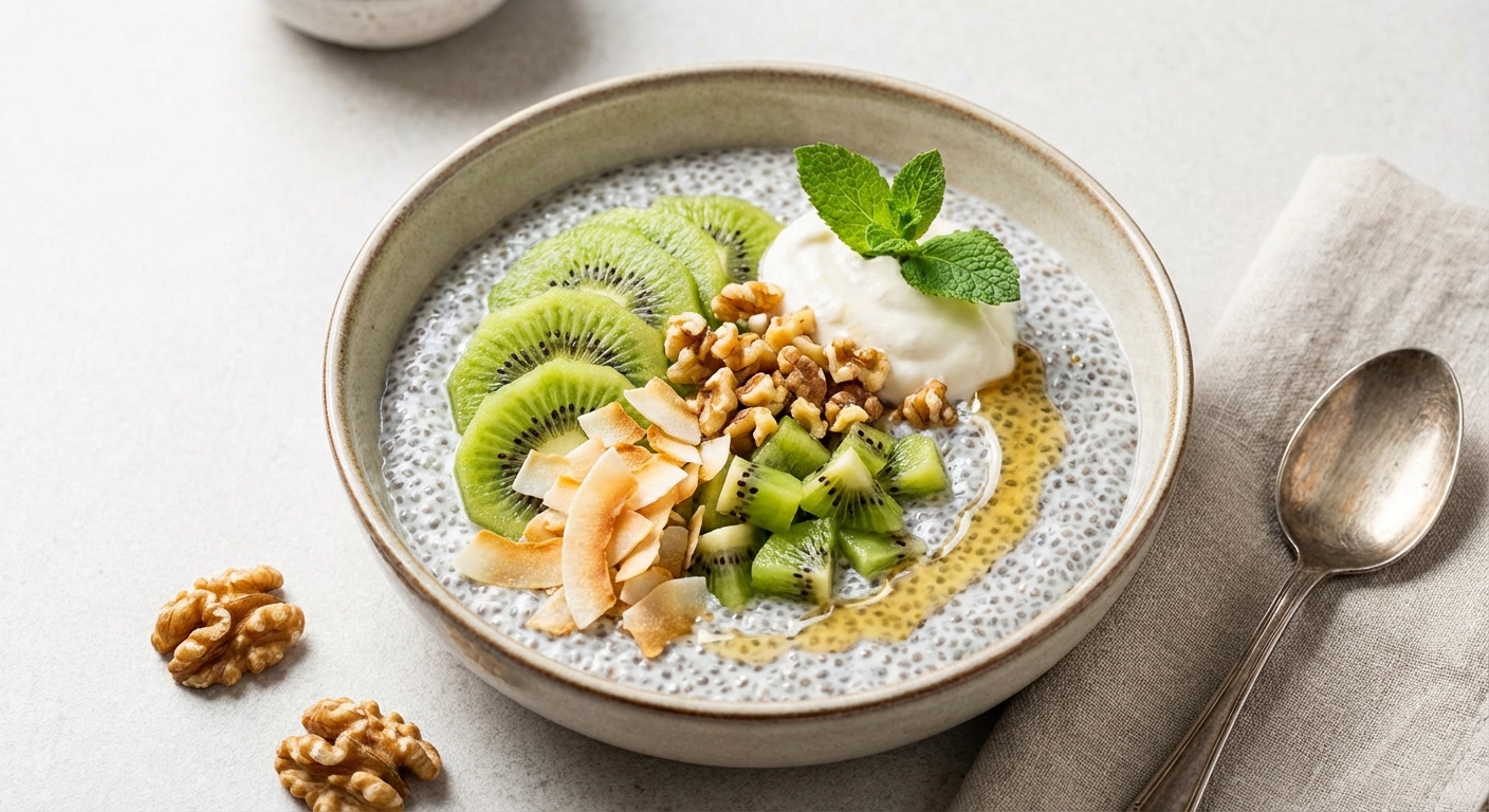 Chia Pudding with Kiwi, Toasted Coconut & Walnuts