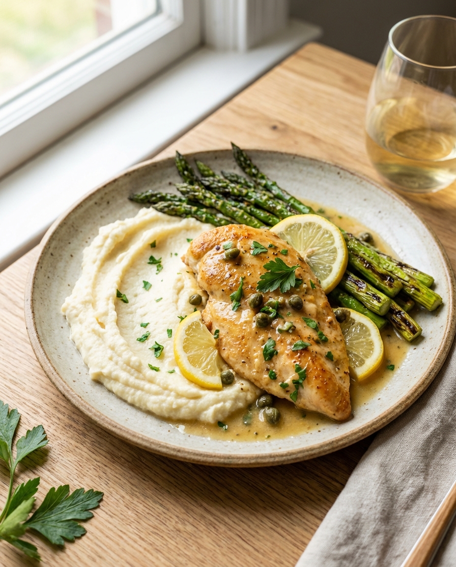 Gluten-Free Chicken Piccata with Roasted Asparagus and Mashed Cauliflower