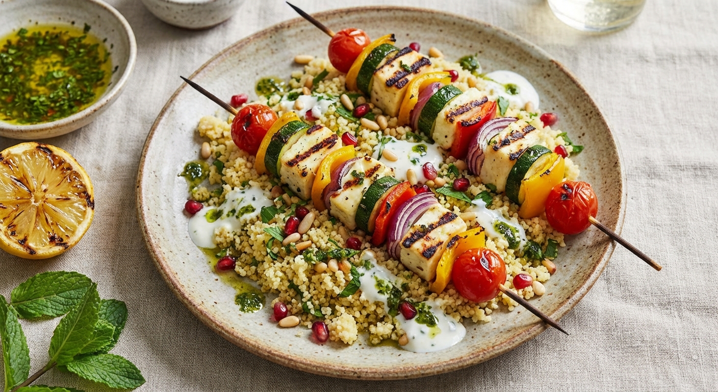 Grilled Halloumi & Vegetable Kebabs with Lemon Couscous