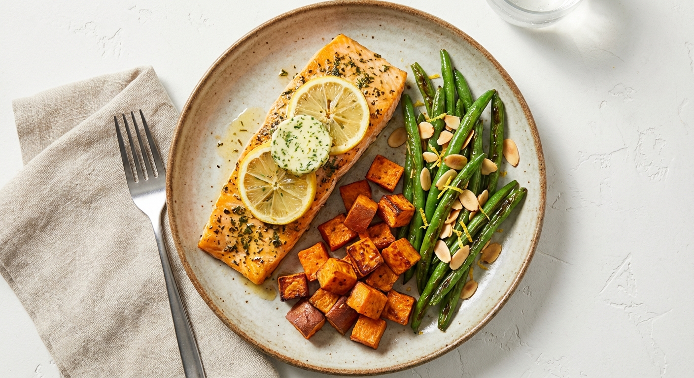 Lemon-Herb Salmon with Roasted Sweet Potatoes & Toasted Almond Green Beans