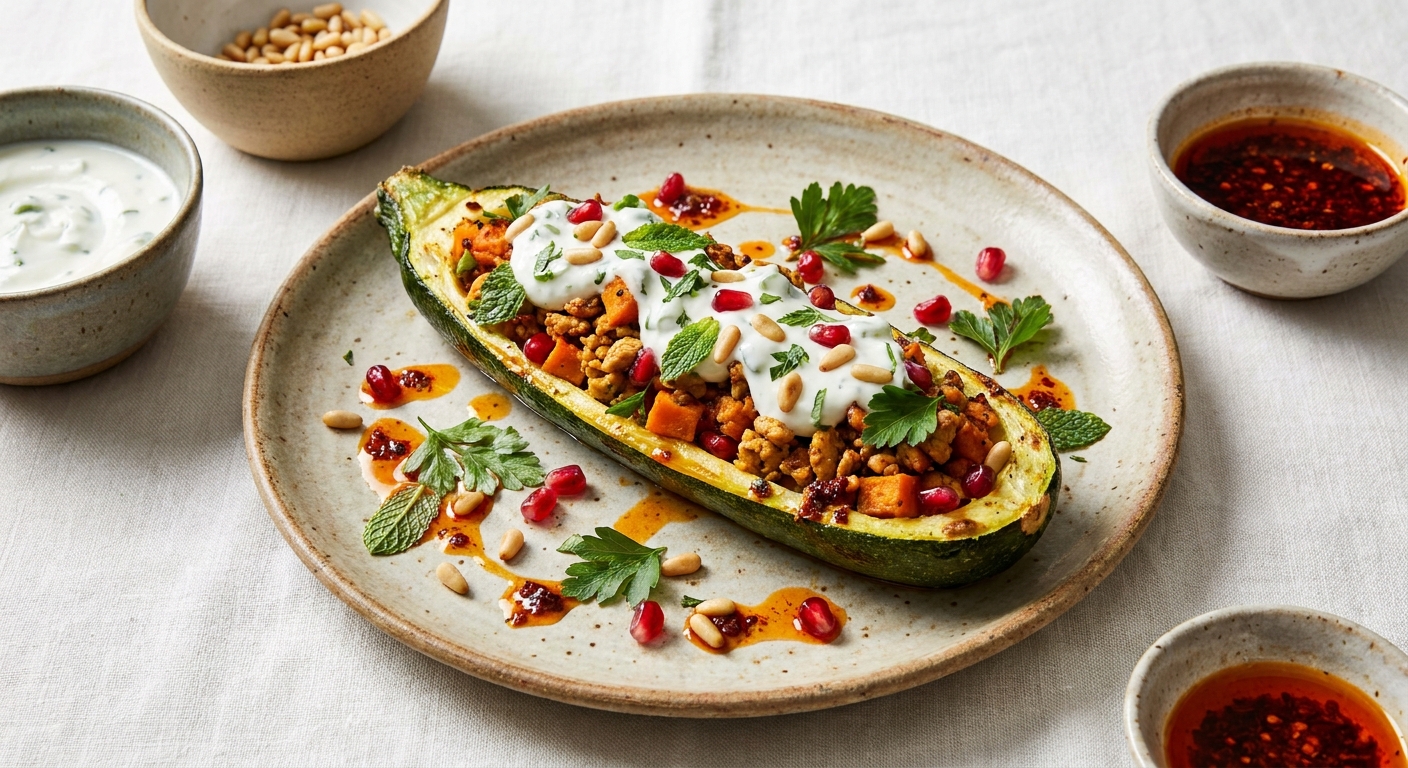 Roasted Sweet Potato & Spiced Ground Chicken Stuffed Zucchini with Scallion Yogurt