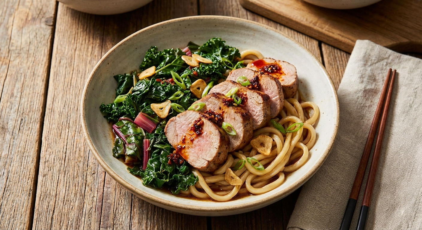 Quick Stir-Fried Pork Tenderloin with Garlicky Winter Greens and Udon
