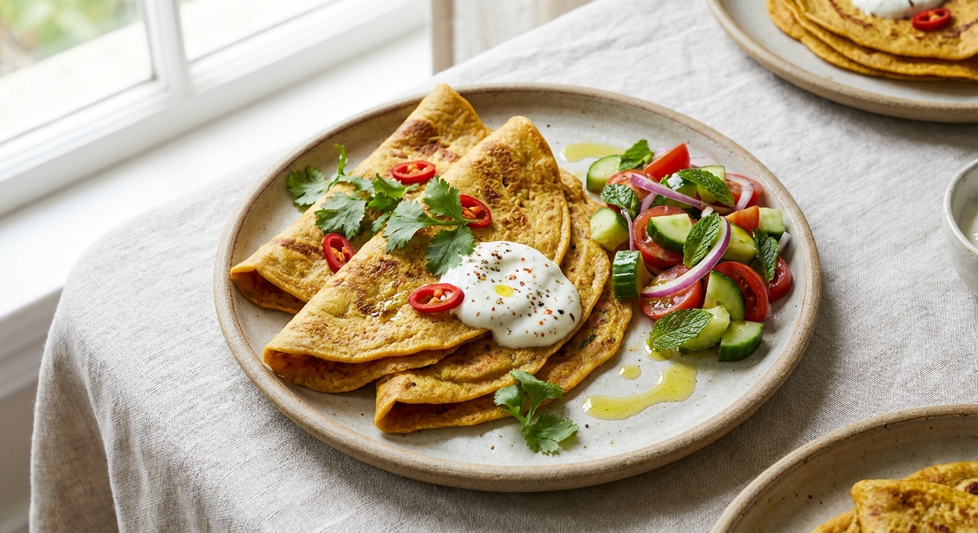Besan Chilla with Yogurt & Cucumber Tomato Salad