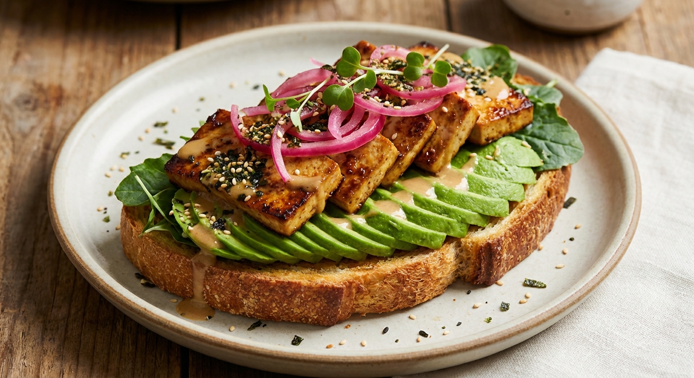 Miso-Marinated Pan-Seared Tofu & Avocado Sourdough Toast with Quick-Pickled Red Onion and Baby Kale