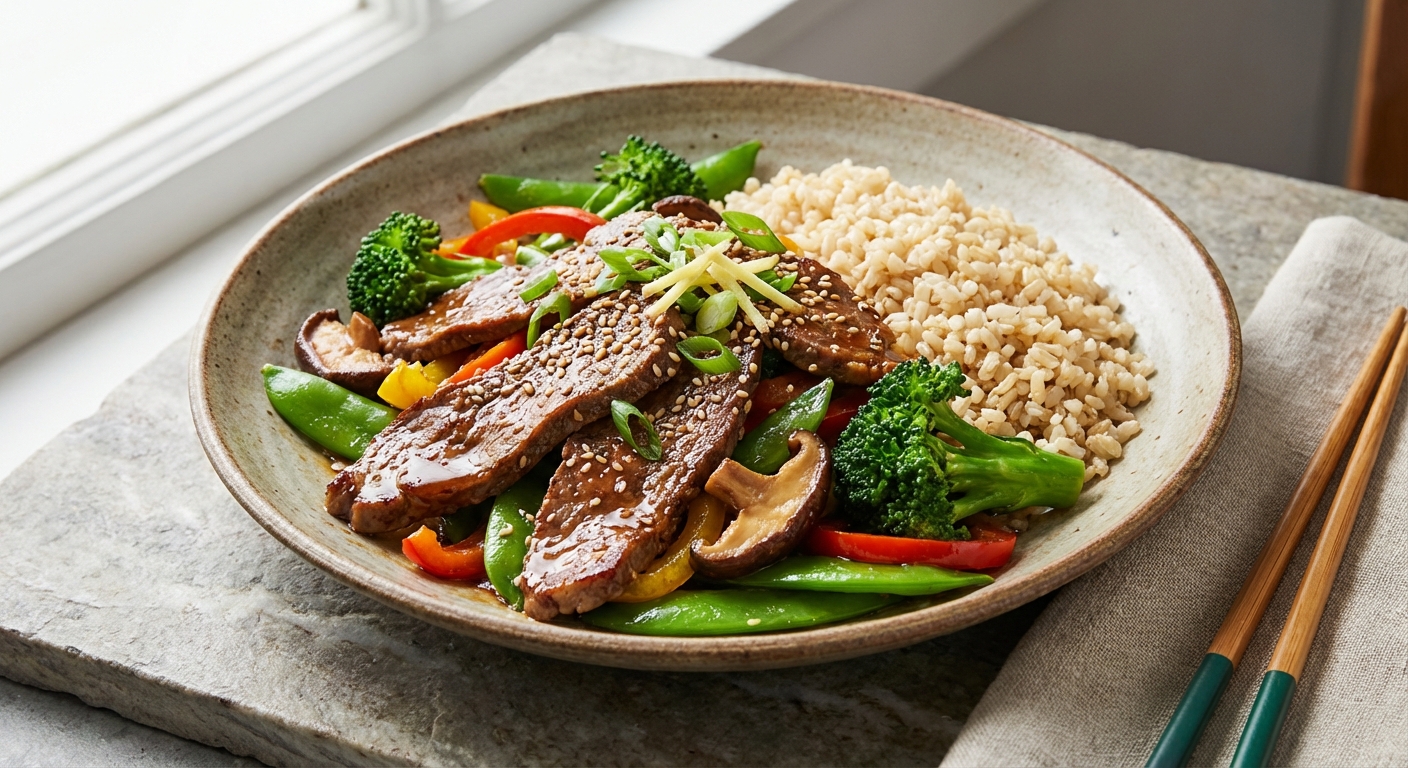 Ginger-Sesame Beef & Vegetable Stir-Fry with Brown Rice