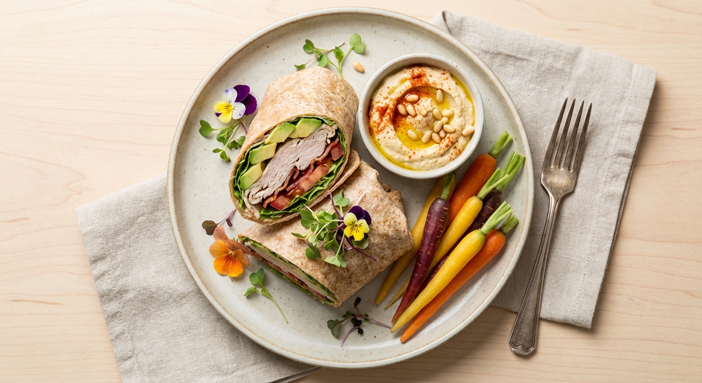 Turkey & Avocado Whole-Wheat Wrap with Baby Carrots & Hummus
