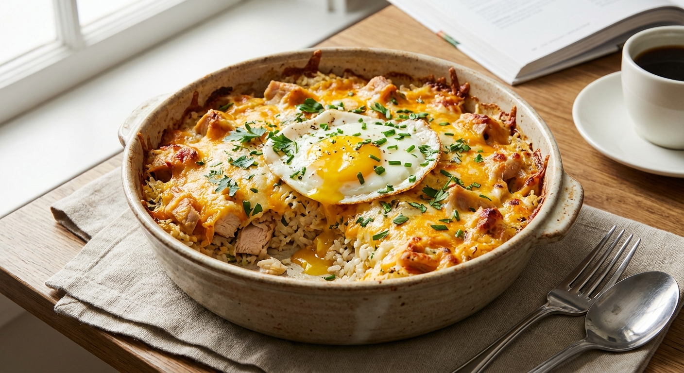 Cheesy Chicken Breakfast Rice Casserole
